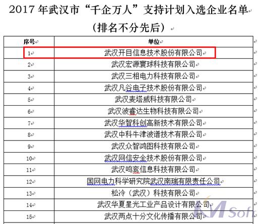 開目公司入選2017年武漢市“千企萬人”支持計劃